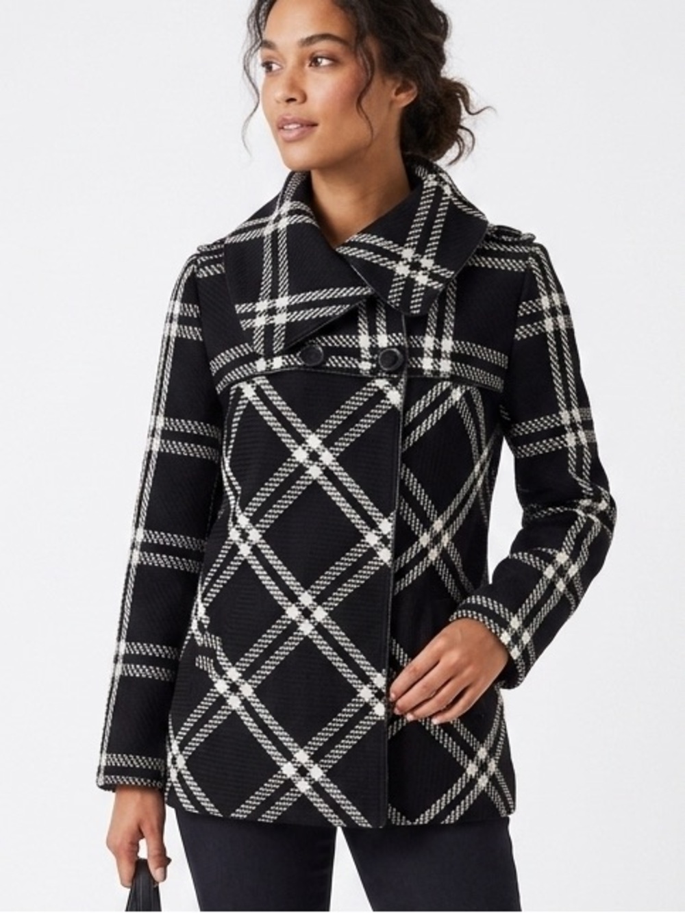 Cleo Black White Plaid Funnel Neck Asymmetrical Button Jacket Size 14